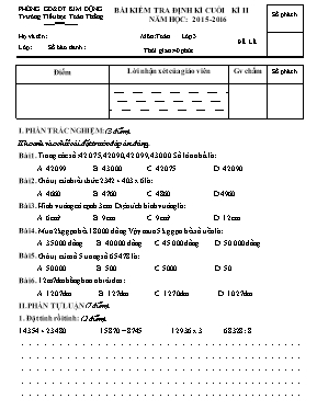 Đề kiểm tra định kì cuối học kì II Toán lớp 3 - Năm học 2015-2016 - Trường Tiểu học Kim An